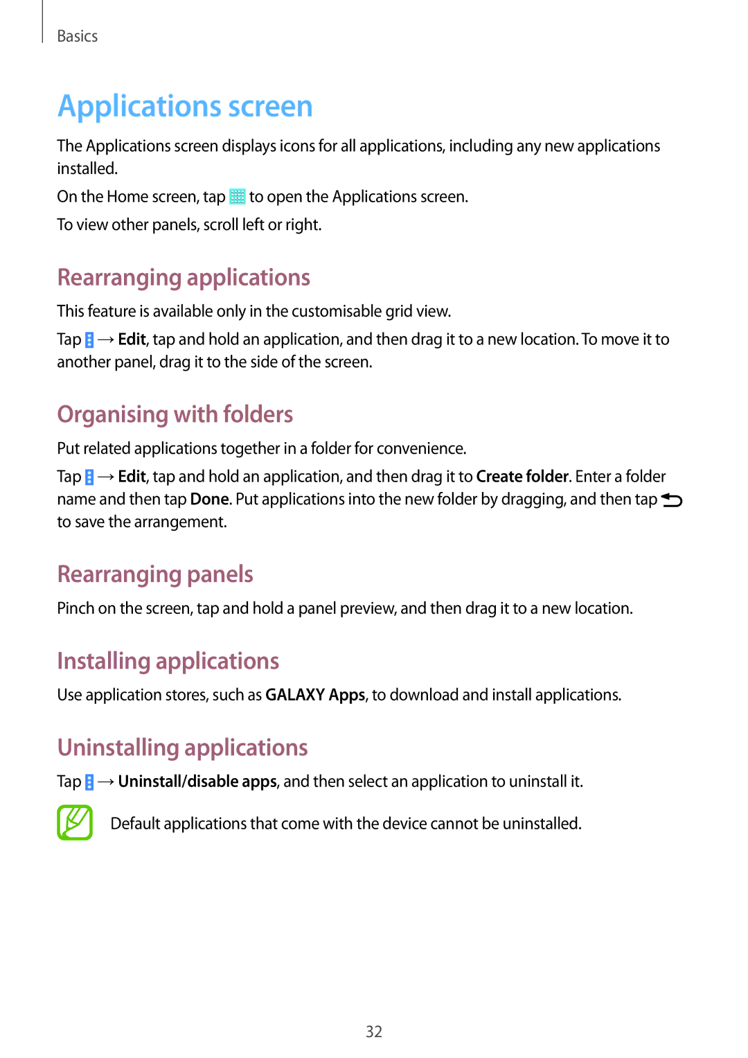 Samsung SM-T535NZWANEE Applications screen, Rearranging applications, Organising with folders, Installing applications 