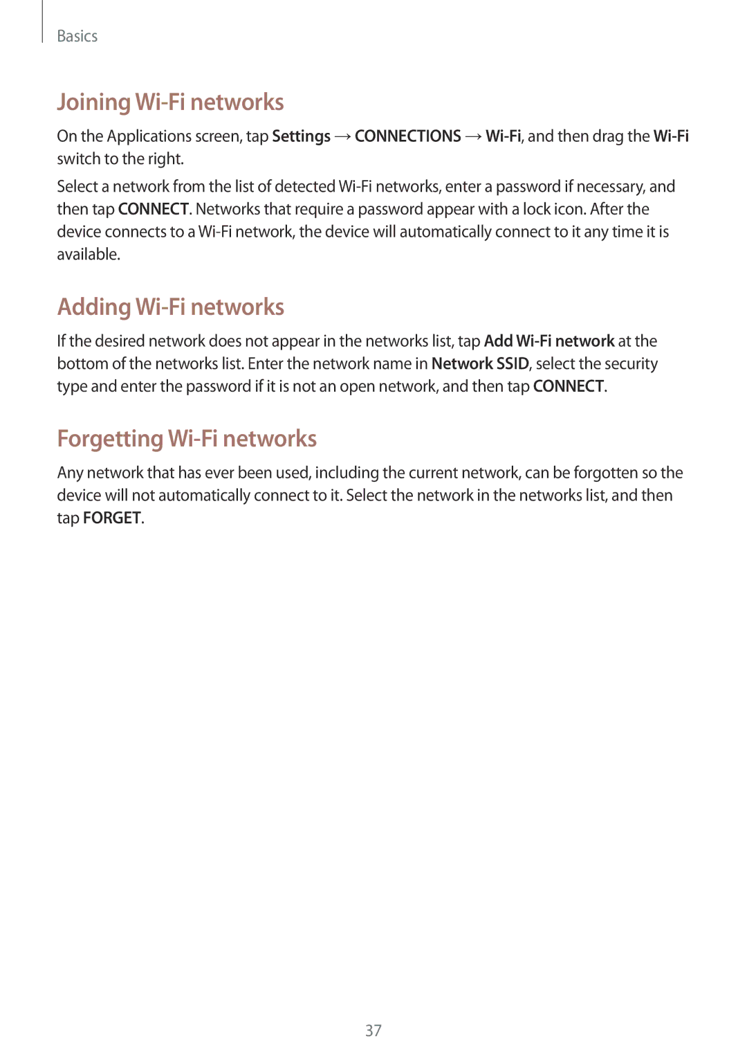 Samsung SM-T535NZWASEE, SM-T535NYKAATO manual Joining Wi-Fi networks, Adding Wi-Fi networks, Forgetting Wi-Fi networks 