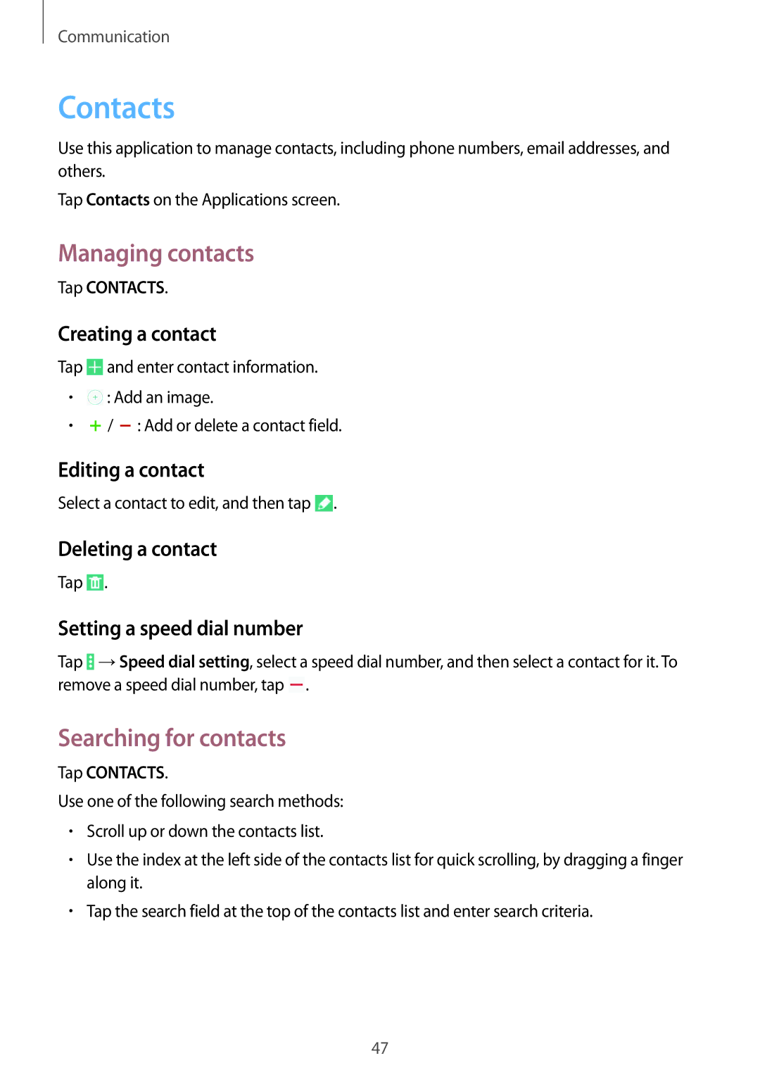 Samsung SM-T535NYKAVDH, SM-T535NYKAATO, SM-T535NZWATPH, SM-T535NZWAXEO Contacts, Managing contacts, Searching for contacts 