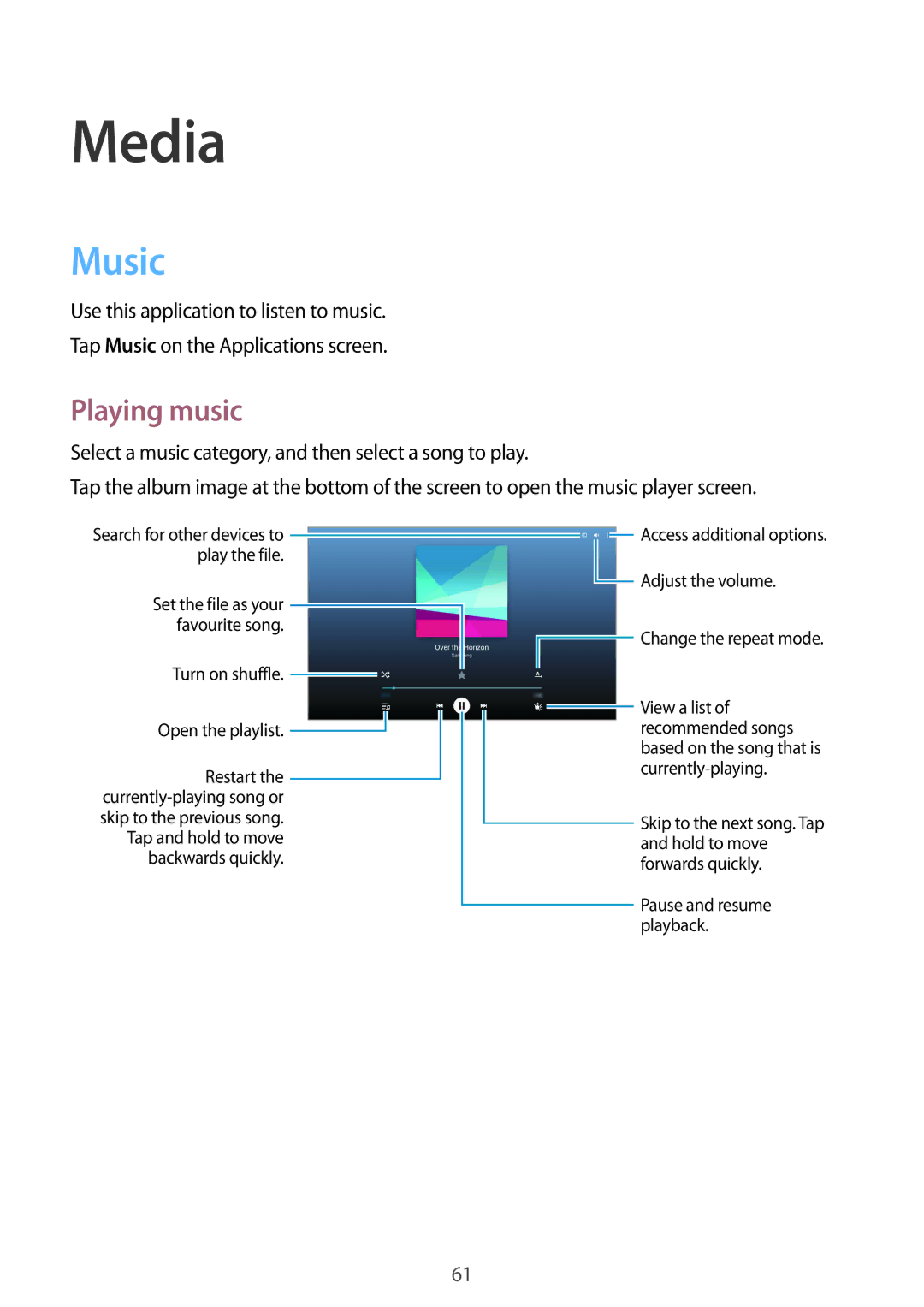 Samsung SM-T535NYKACOS, SM-T535NYKAATO, SM-T535NZWATPH, SM-T535NZWAXEO, SM-T535NYKATPH manual Media, Music, Playing music 