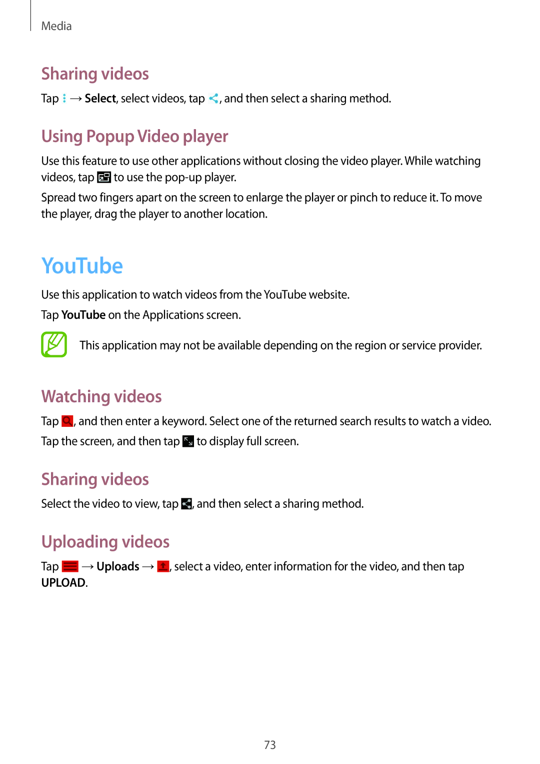 Samsung SM-T535NZWAFTM manual YouTube, Sharing videos, Using Popup Video player, Watching videos, Uploading videos 