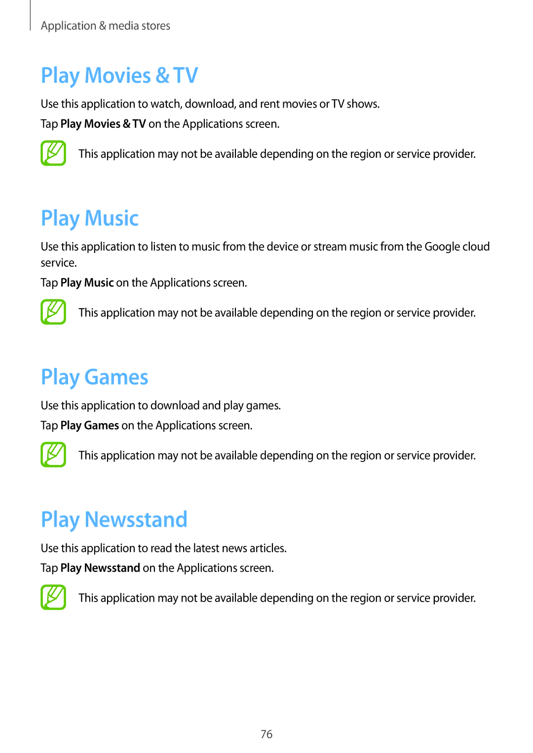 Samsung SM-T535NZWAAUT, SM-T535NYKAATO, SM-T535NZWATPH manual Play Movies & TV, Play Music, Play Games, Play Newsstand 