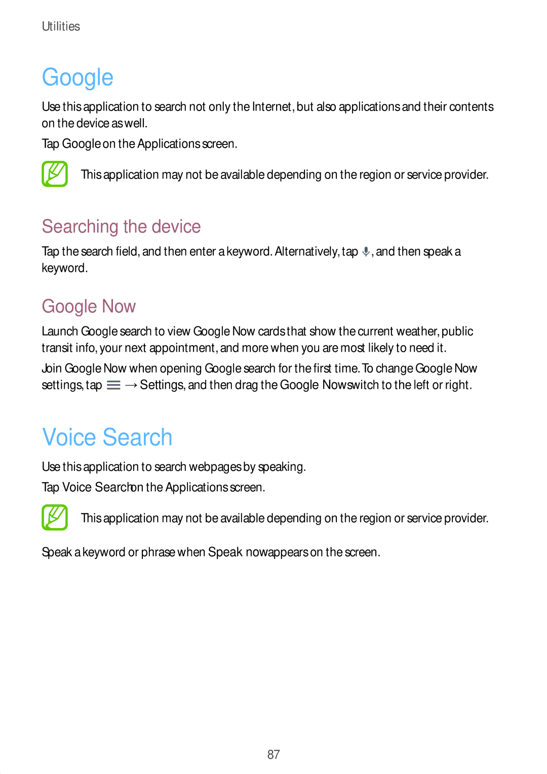 Samsung SM-T535NYKAPHE, SM-T535NYKAATO, SM-T535NZWATPH, SM-T535NZWAXEO Voice Search, Searching the device, Google Now 