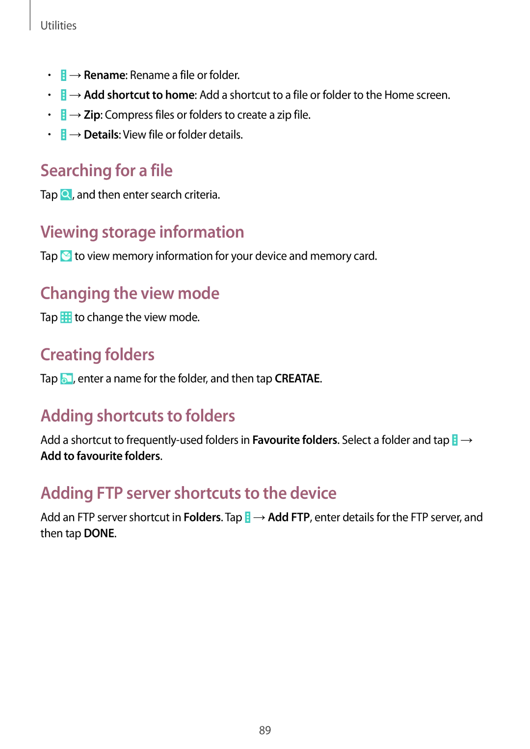 Samsung SM-T535NZWANEE manual Searching for a file, Viewing storage information, Changing the view mode, Creating folders 