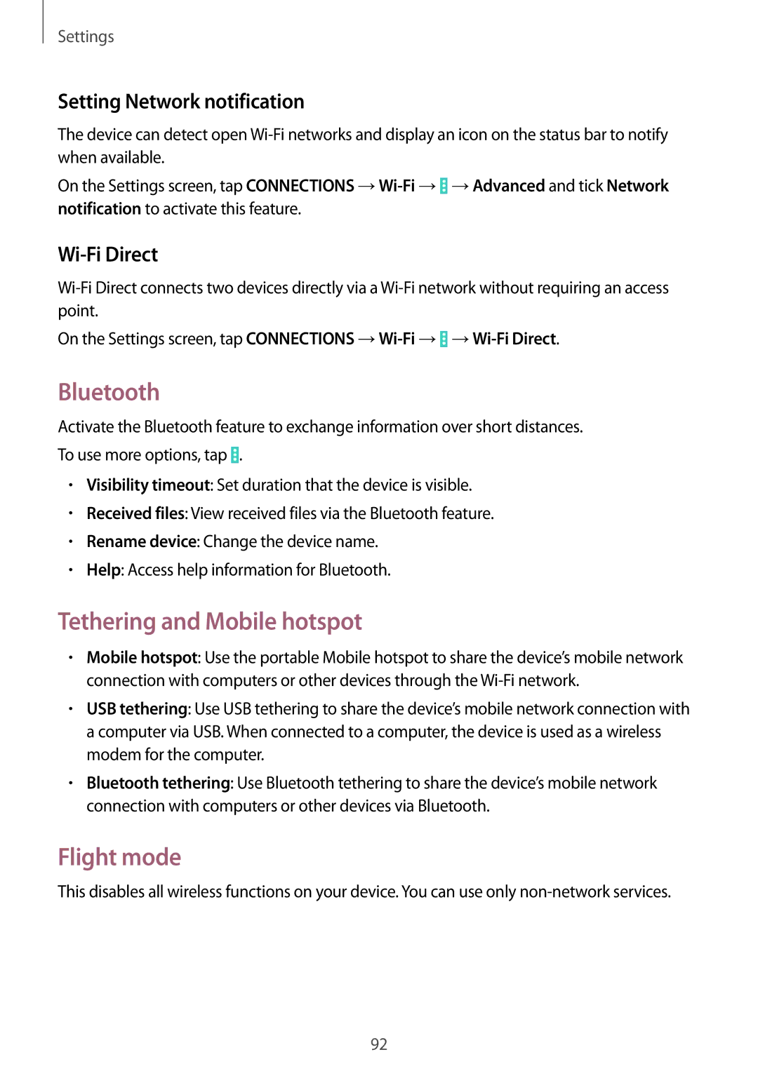 Samsung SM-T535NYKABGL Bluetooth, Tethering and Mobile hotspot, Flight mode, Setting Network notification, Wi-Fi Direct 