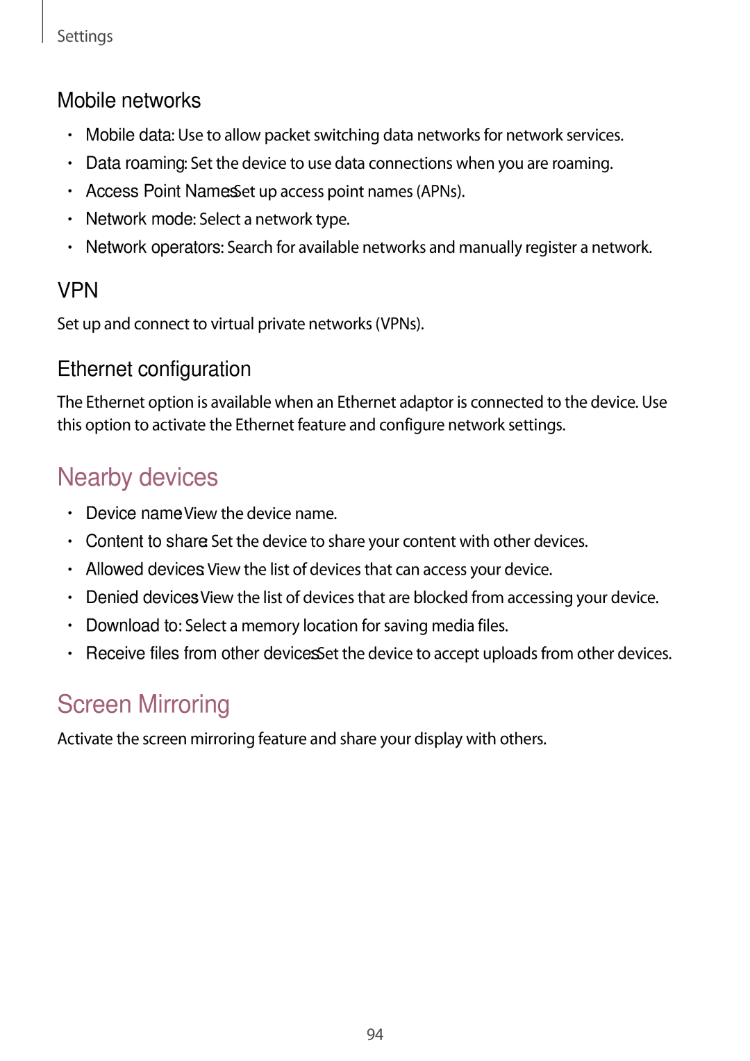 Samsung SM-T535NZWASEE, SM-T535NYKAATO manual Nearby devices, Screen Mirroring, Mobile networks, Ethernet configuration 