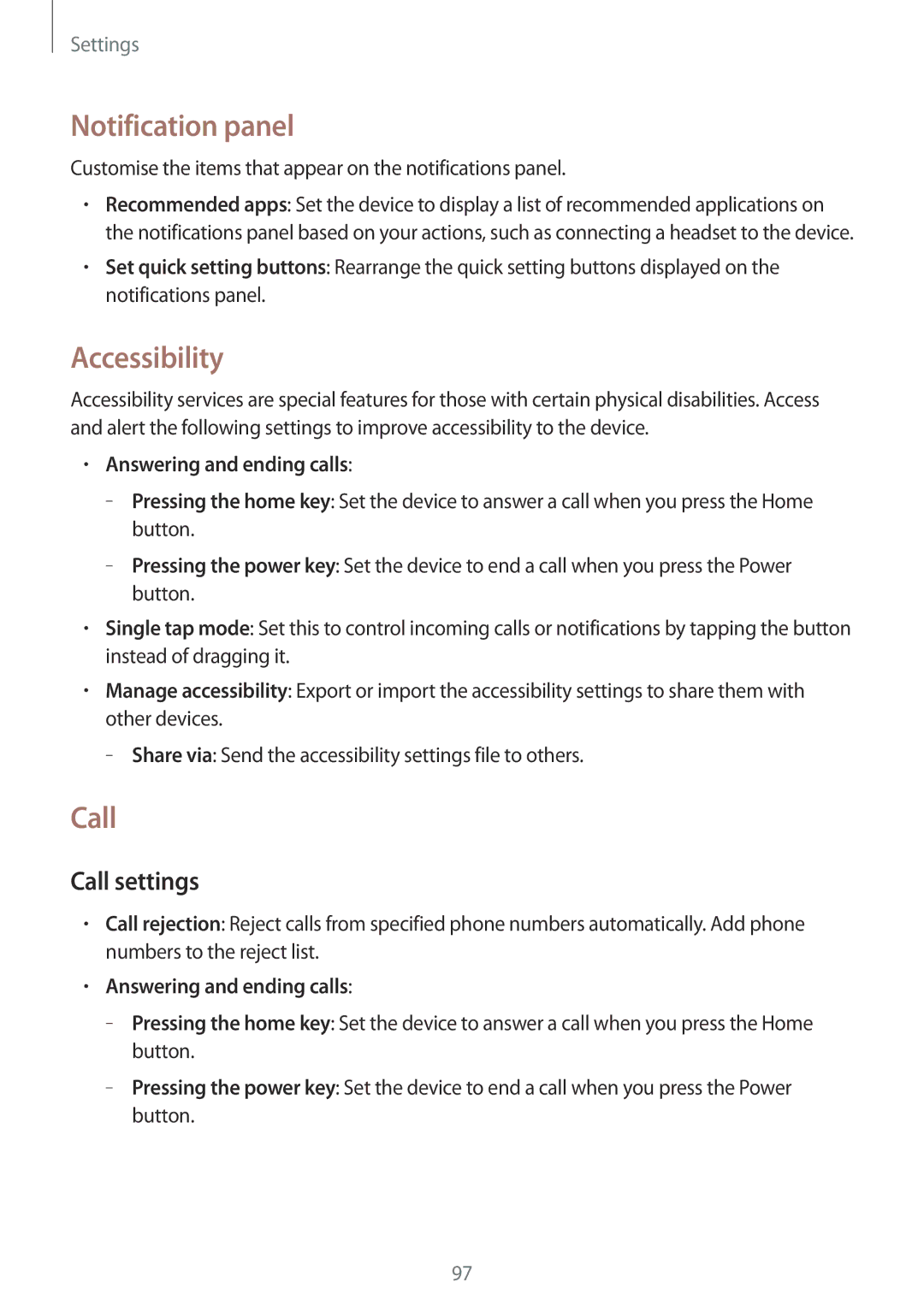 Samsung SM-T535NZWAVIP, SM-T535NYKAATO Notification panel, Accessibility, Call settings, Answering and ending calls 