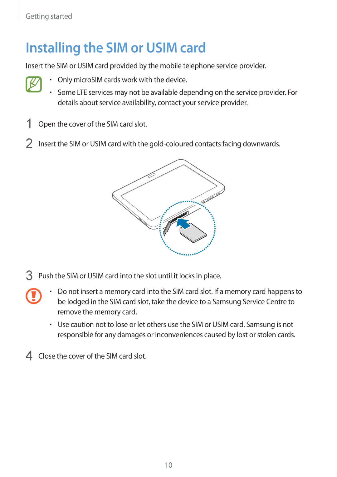 Samsung SM-T535NZWAATO, SM-T535NYKAATO, SM-T535NZWATPH, SM-T535NZWAXEO, SM-T535NYKATPH manual Installing the SIM or Usim card 