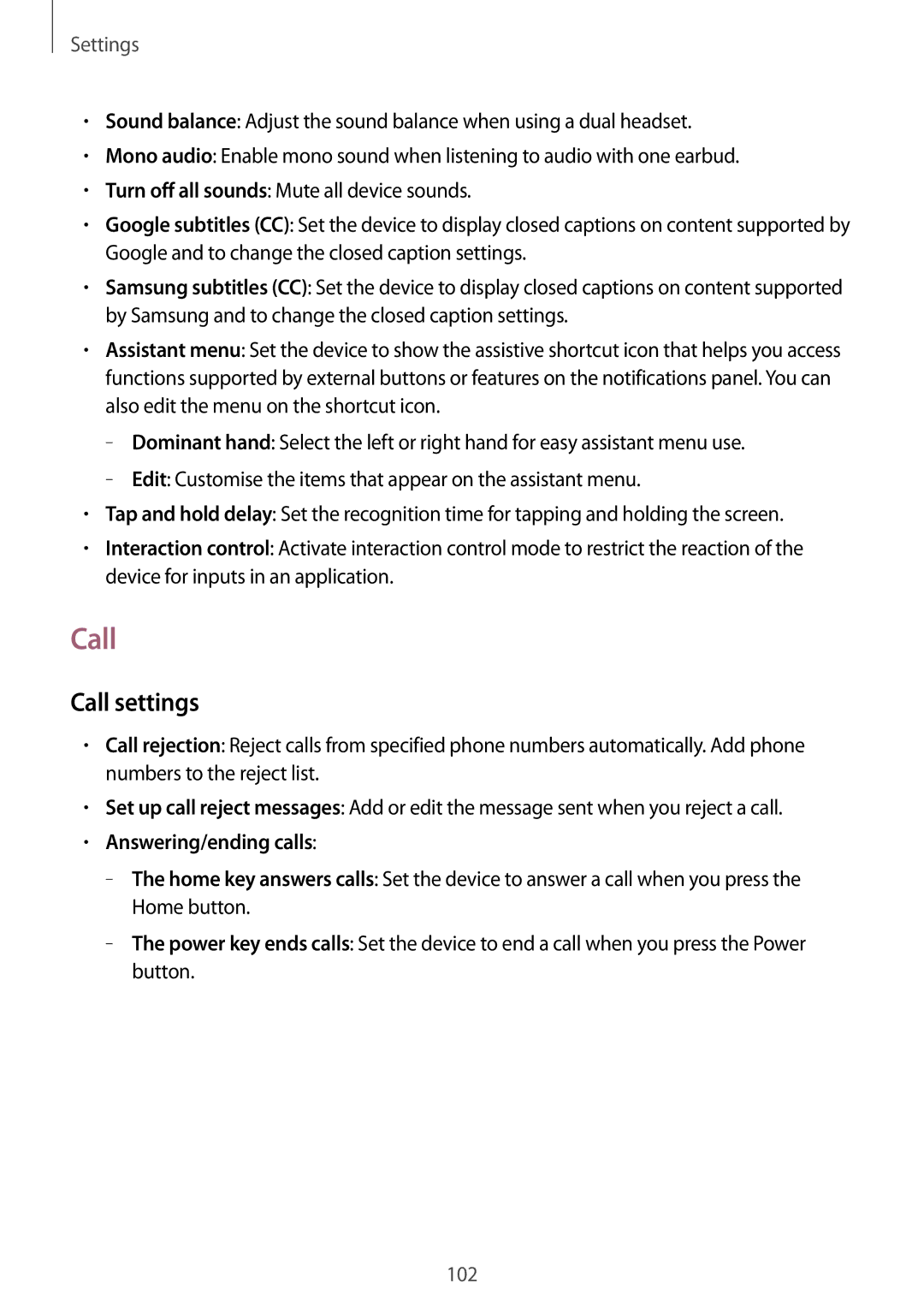 Samsung SM-T535NZWATMH, SM-T535NYKAATO, SM-T535NZWATPH, SM-T535NZWAXEO manual Call settings, Answering/ending calls 