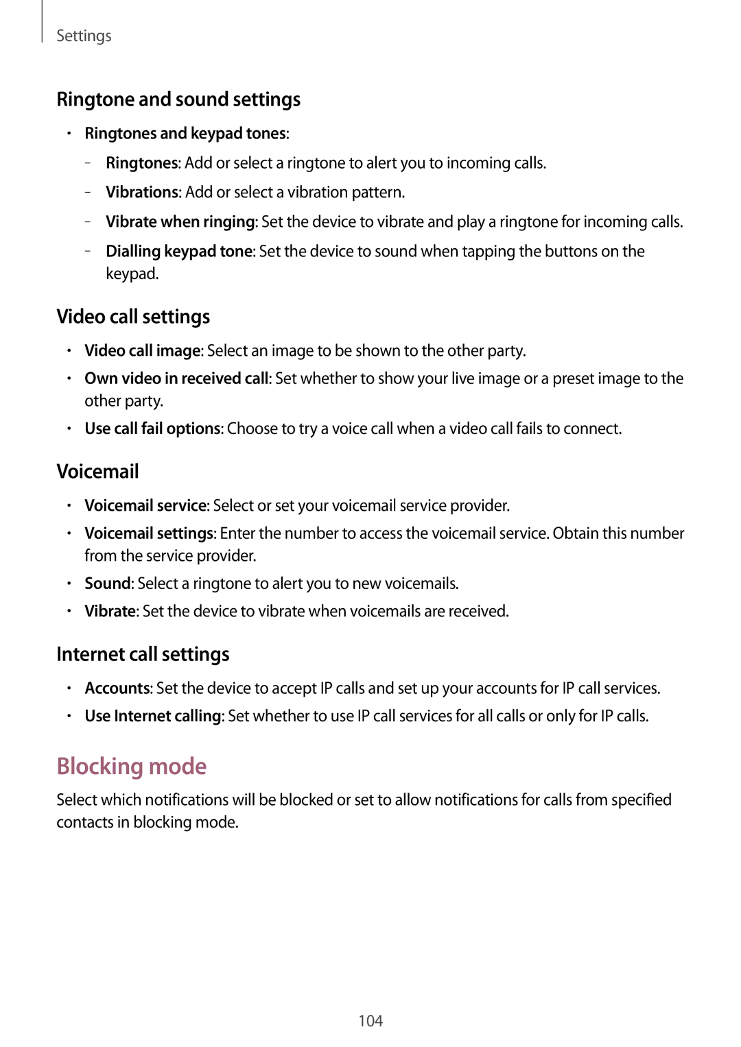 Samsung SM-T535NZWAXSK Blocking mode, Ringtone and sound settings, Video call settings, Voicemail, Internet call settings 