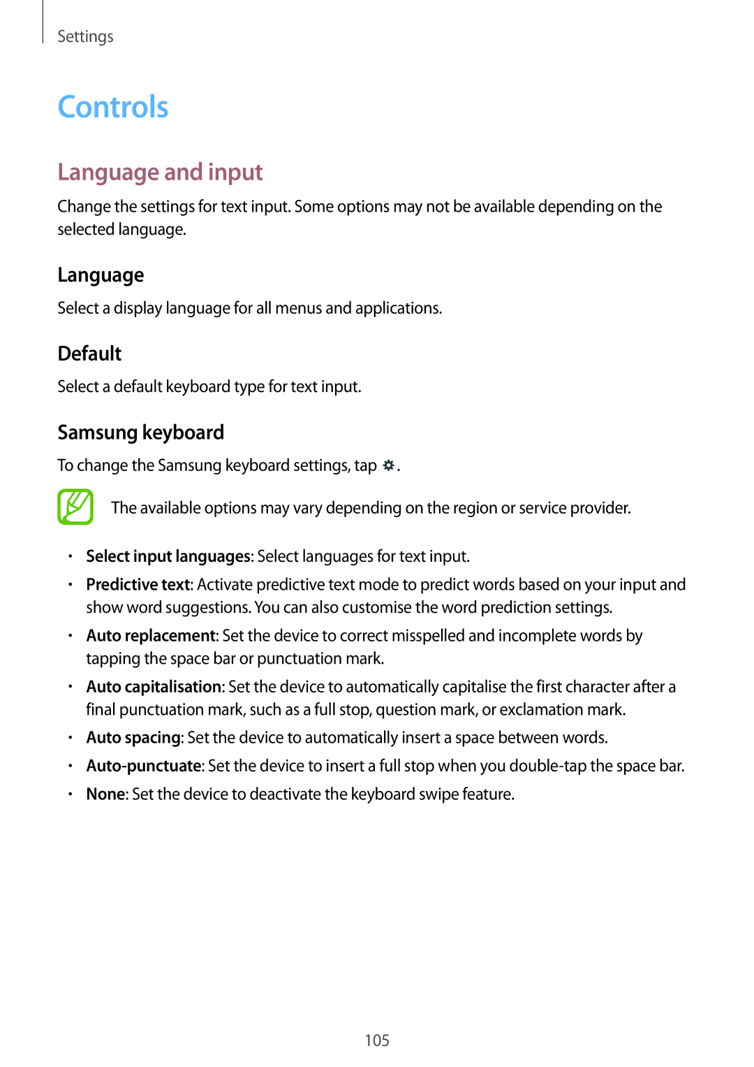 Samsung SM-T535NZWATMZ, SM-T535NYKAATO, SM-T535NZWATPH manual Controls, Language and input, Default, Samsung keyboard 