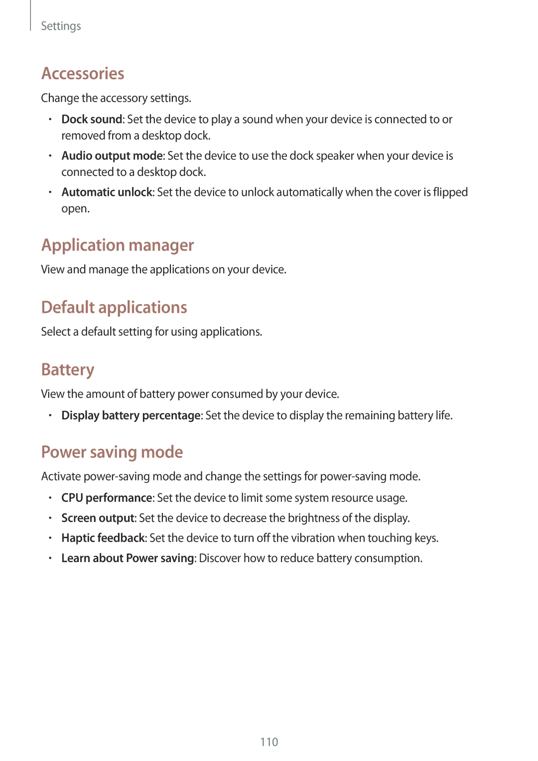 Samsung SM-T535NYKENEE, SM-T535NYKAATO Accessories, Application manager, Default applications, Battery, Power saving mode 