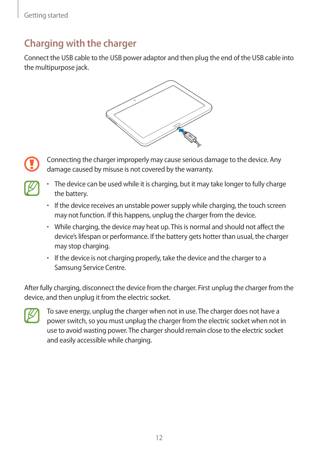 Samsung SM-T535NYKADBT, SM-T535NYKAATO, SM-T535NZWATPH, SM-T535NZWAXEO, SM-T535NYKATPH manual Charging with the charger 