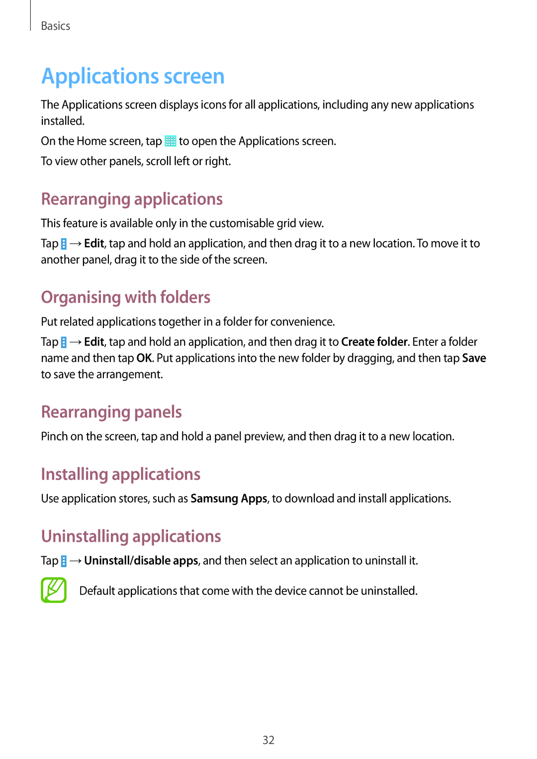 Samsung SM-T535NZWANEE Applications screen, Rearranging applications, Organising with folders, Installing applications 