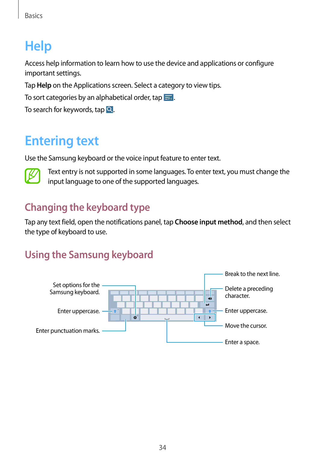 Samsung SM-T535NYKAXEH, SM-T535NYKAATO, SM-T535NZWATPH, SM-T535NZWAXEO manual Help, Entering text, Changing the keyboard type 