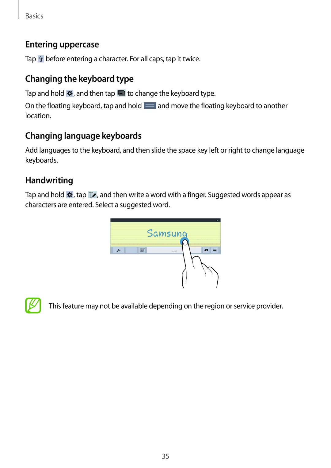 Samsung SM-T535NYKABGL manual Entering uppercase, Changing the keyboard type, Changing language keyboards, Handwriting 