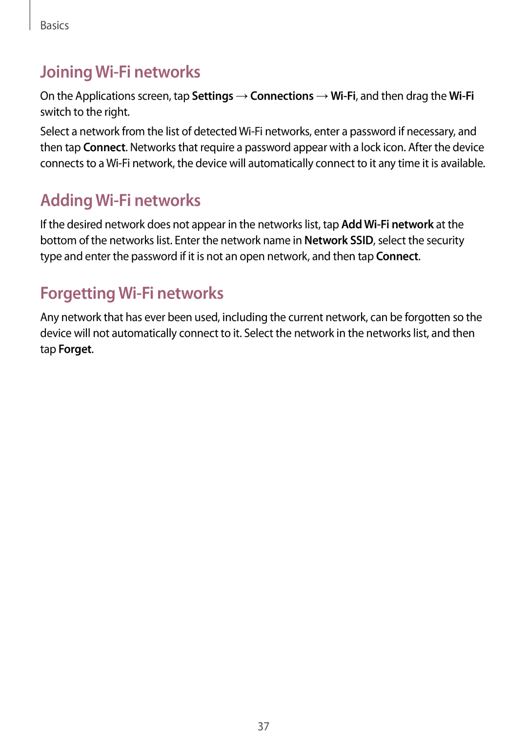 Samsung SM-T535NZWASEE, SM-T535NYKAATO manual Joining Wi-Fi networks, Adding Wi-Fi networks, Forgetting Wi-Fi networks 