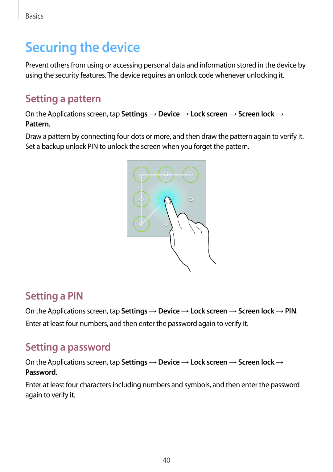 Samsung SM-T535NZWAVIP, SM-T535NYKAATO manual Securing the device, Setting a pattern, Setting a PIN, Setting a password 