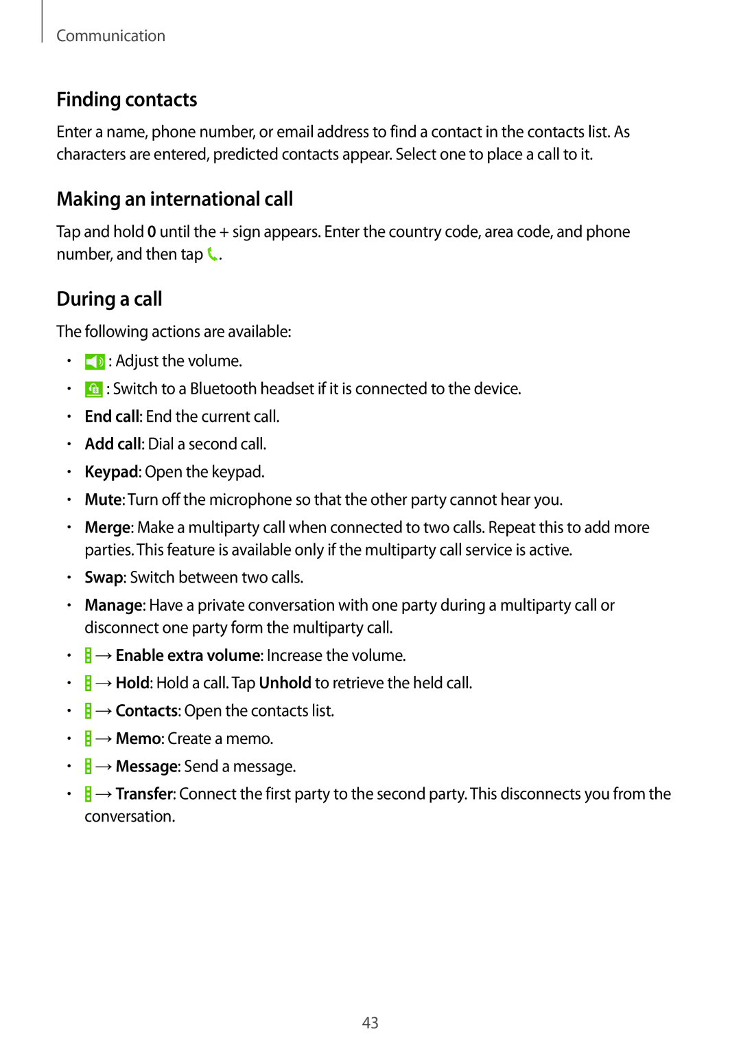 Samsung SM-T535NZWATMH, SM-T535NYKAATO, SM-T535NZWATPH manual Finding contacts, Making an international call, During a call 