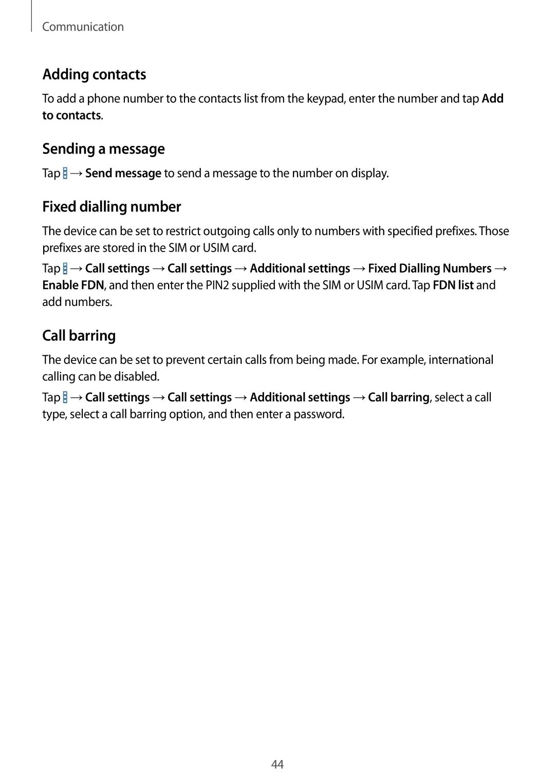 Samsung SM-T535NZWAPAN, SM-T535NYKAATO manual Adding contacts, Sending a message, Fixed dialling number, Call barring 