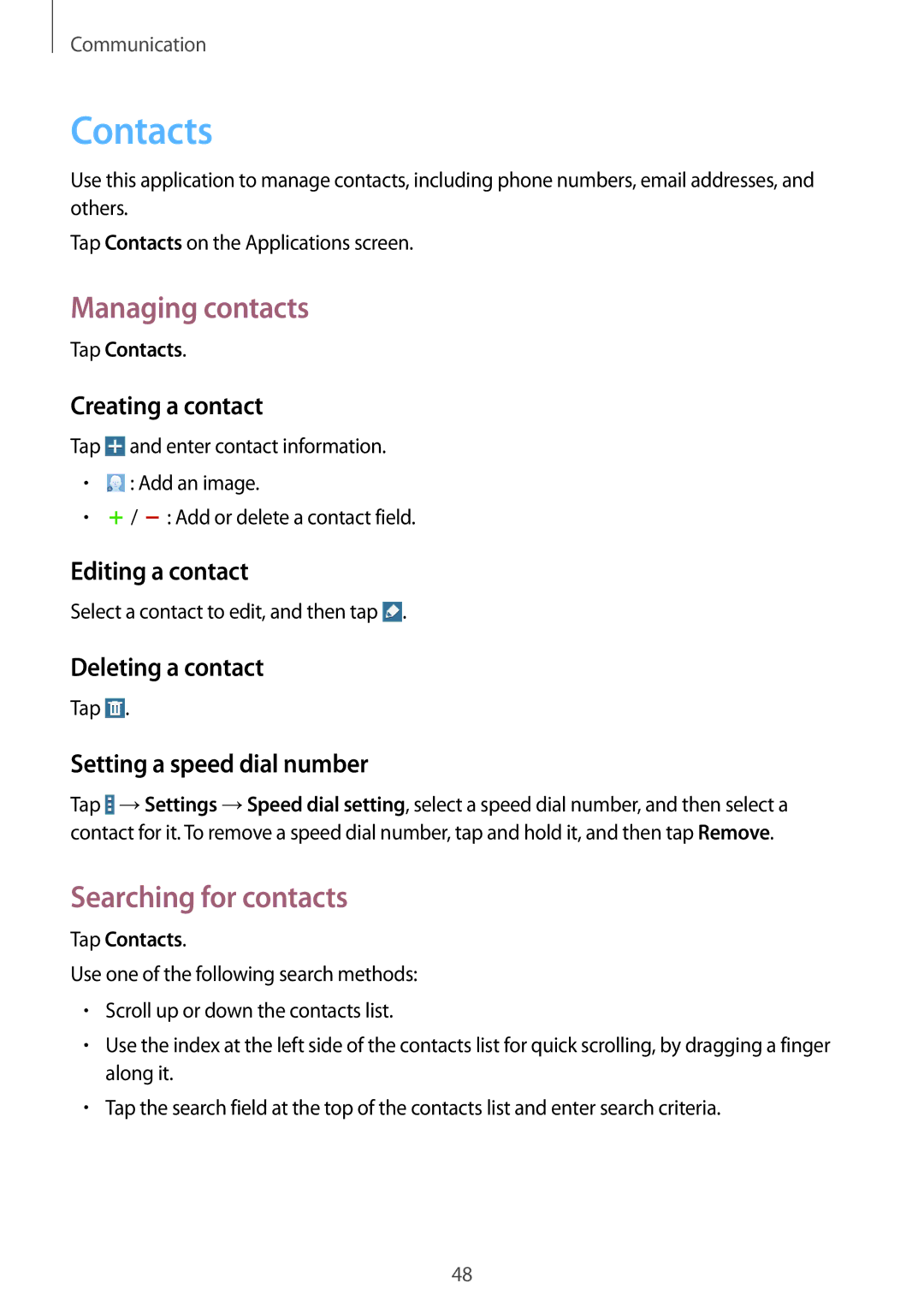 Samsung SM-T535NYKATTR, SM-T535NYKAATO, SM-T535NZWATPH, SM-T535NZWAXEO Contacts, Managing contacts, Searching for contacts 