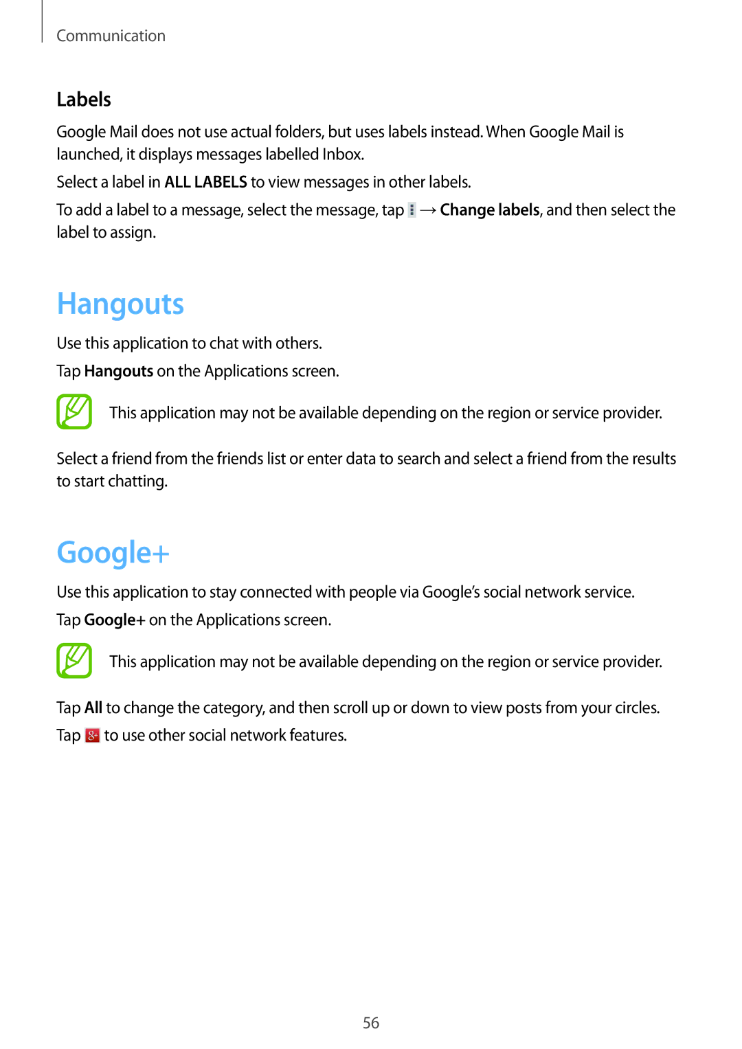 Samsung SM-T535NZWAILO, SM-T535NYKAATO, SM-T535NZWATPH, SM-T535NZWAXEO, SM-T535NYKATPH manual Hangouts, Google+, Labels 