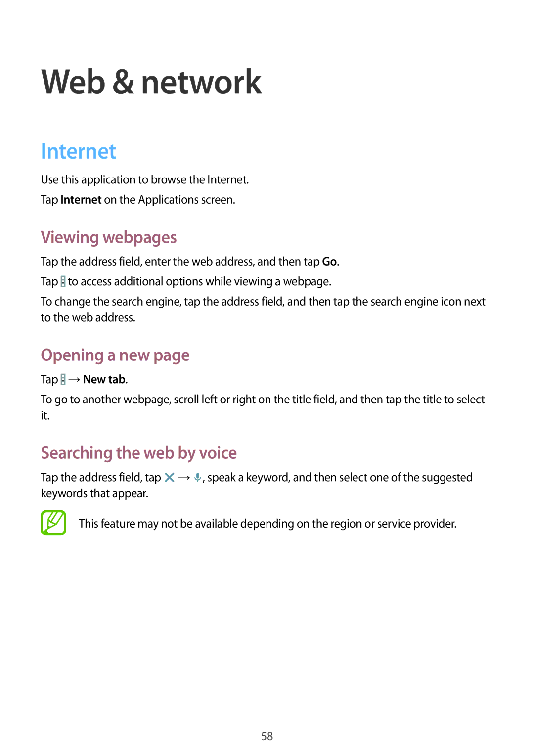 Samsung SM-T535NZWASER manual Web & network, Internet, Viewing webpages, Opening a new, Searching the web by voice 