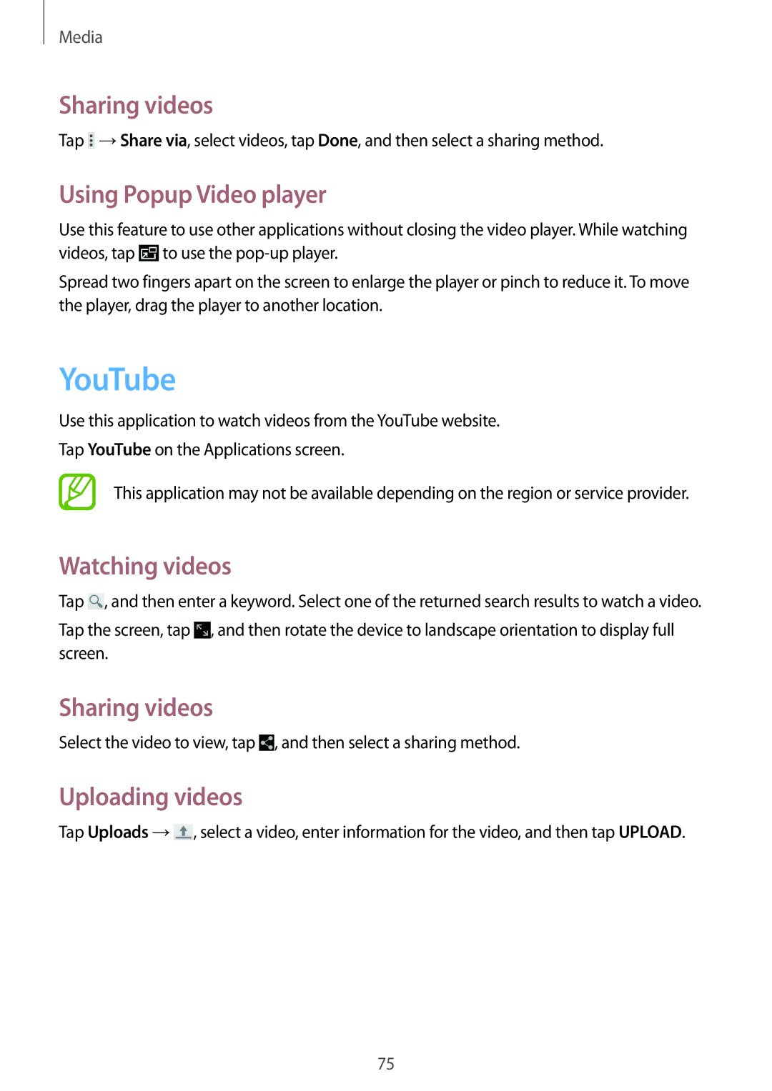 Samsung SM-T535NZWAFTM manual YouTube, Sharing videos, Using Popup Video player, Watching videos, Uploading videos 