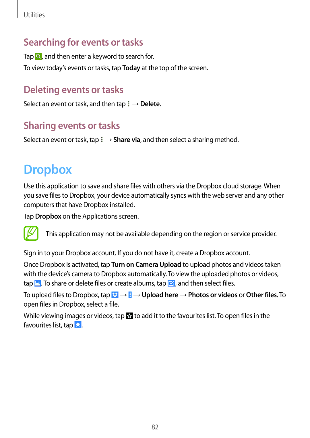Samsung SM-T535NZWAPRT manual Dropbox, Searching for events or tasks, Deleting events or tasks, Sharing events or tasks 