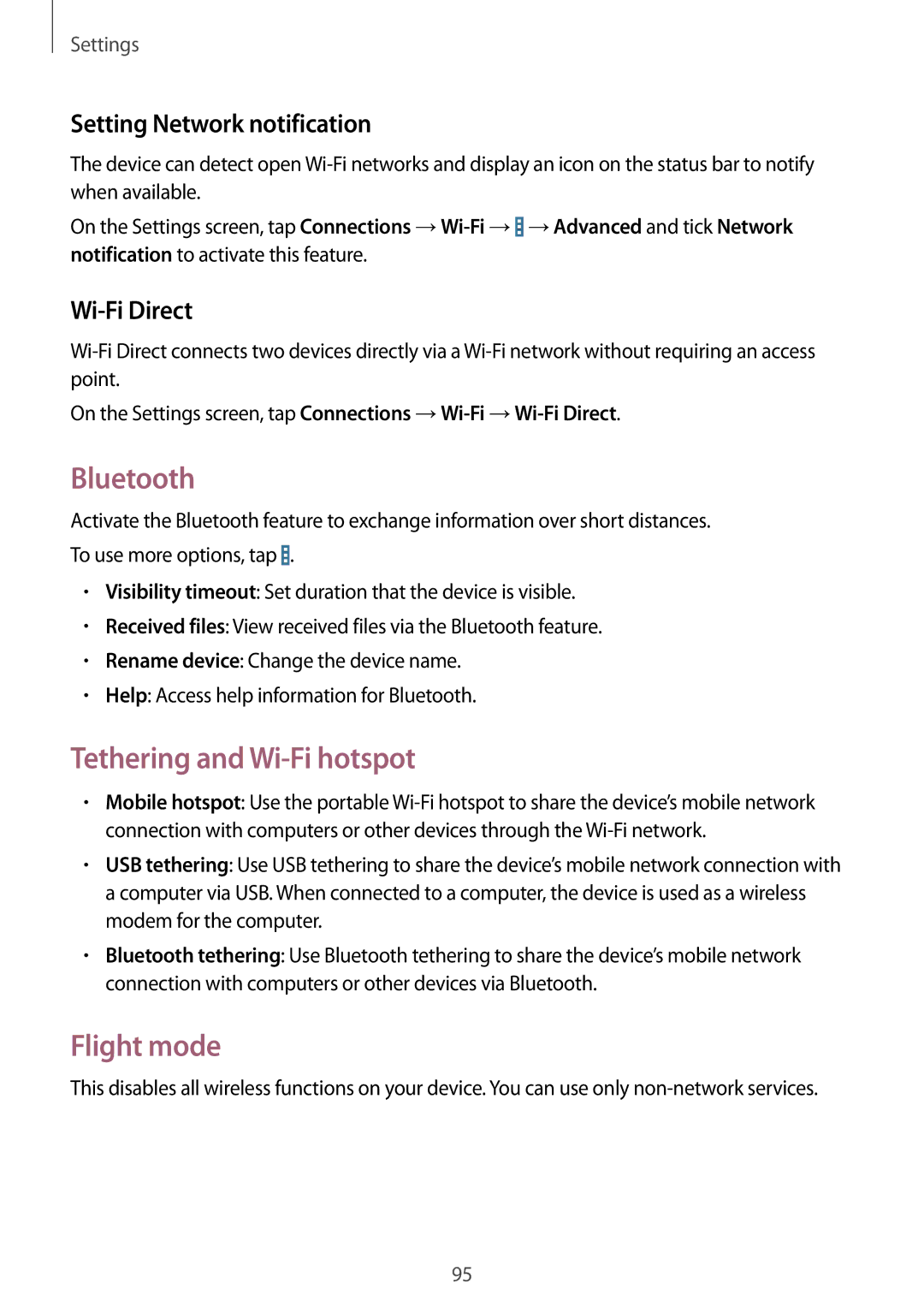 Samsung SM-T535NZWABGL Bluetooth, Tethering and Wi-Fi hotspot, Flight mode, Setting Network notification, Wi-Fi Direct 