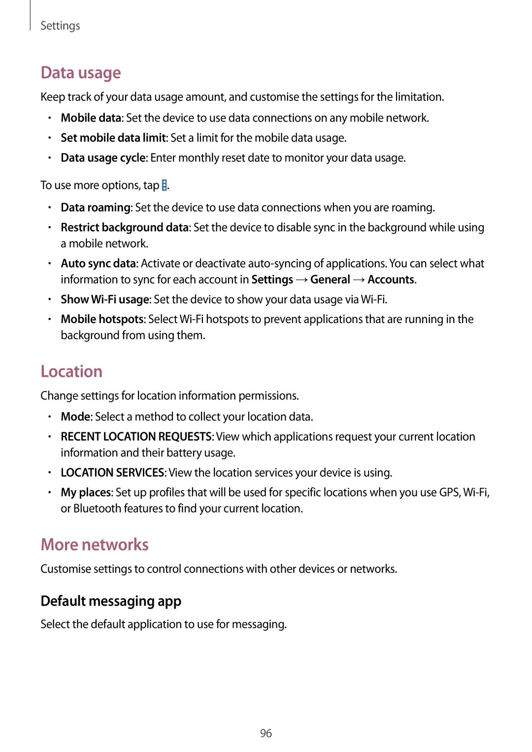 Samsung SM-T535NZWASEE, SM-T535NYKAATO, SM-T535NZWATPH manual Data usage, Location, More networks, Default messaging app 