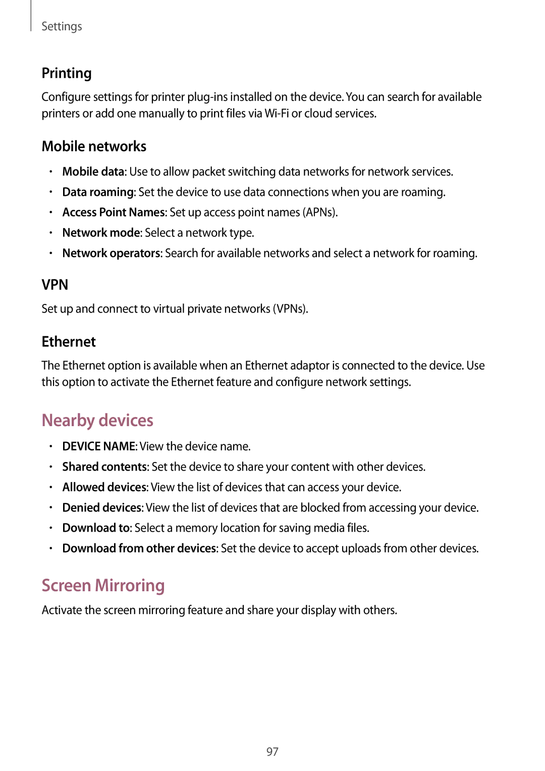 Samsung SM-T535NZWACRO, SM-T535NYKAATO manual Nearby devices, Screen Mirroring, Printing, Mobile networks, Ethernet 
