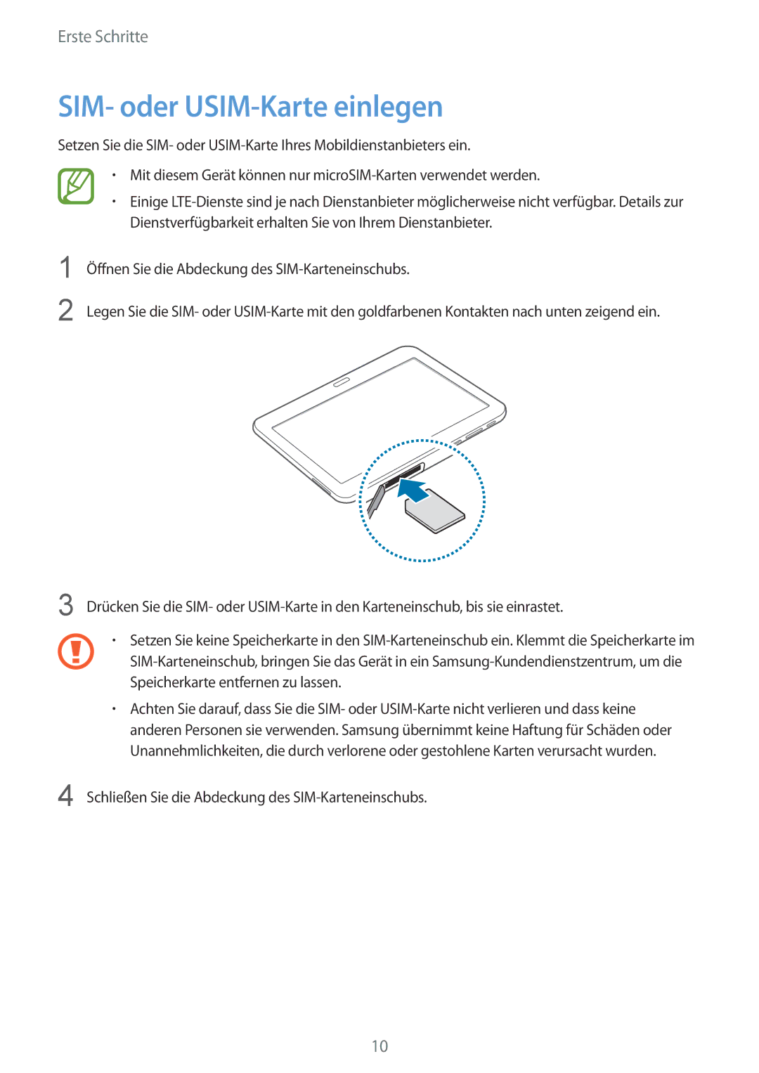 Samsung SM-T535NZWAATO, SM-T535NYKAATO, SM-T535NZWATPH, SM-T535NZWAXEO, SM-T535NYKATPH manual SIM- oder USIM-Karte einlegen 