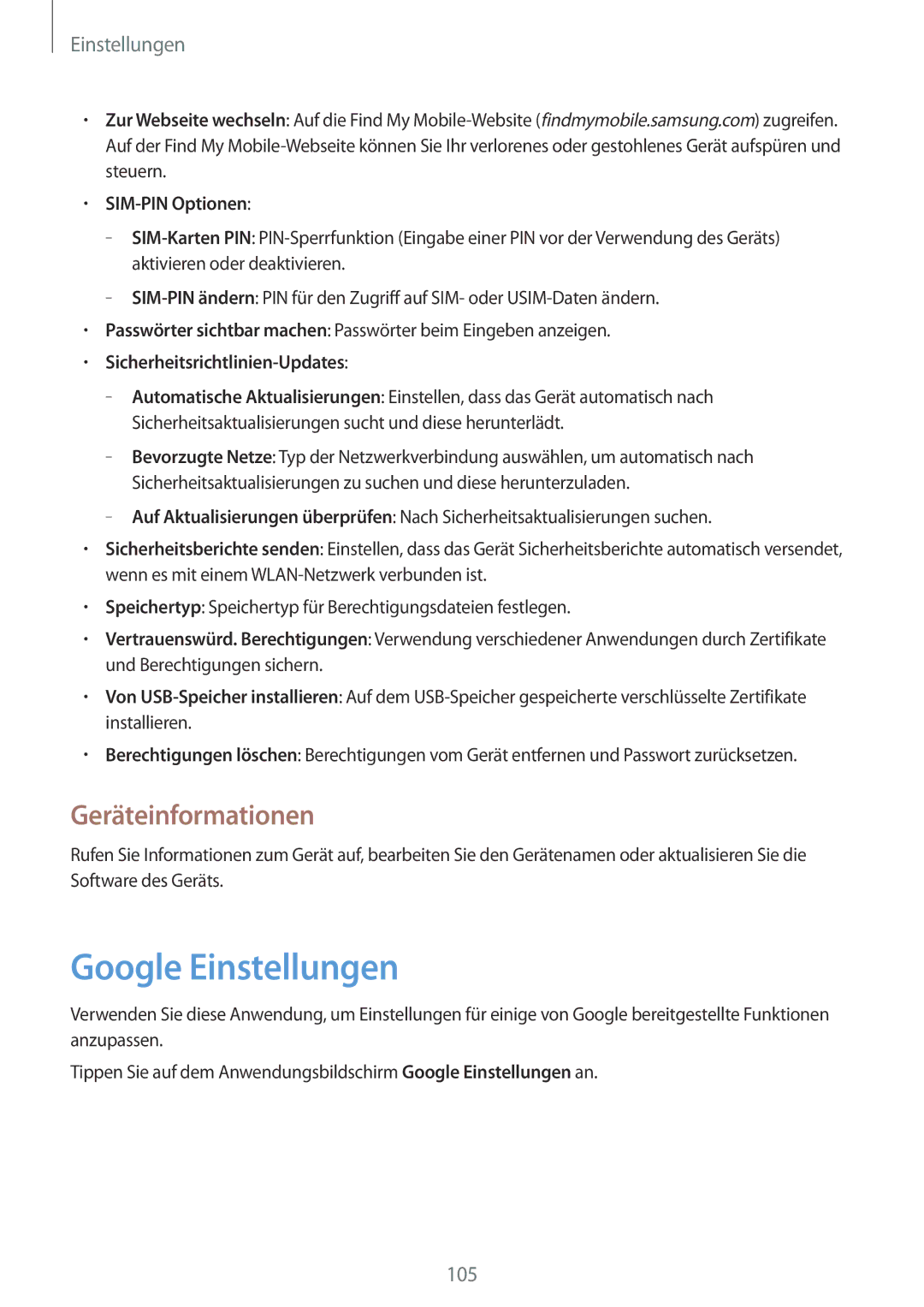 Samsung SM-T535NYKATPH manual Google Einstellungen, Geräteinformationen, SIM-PIN Optionen, Sicherheitsrichtlinien-Updates 