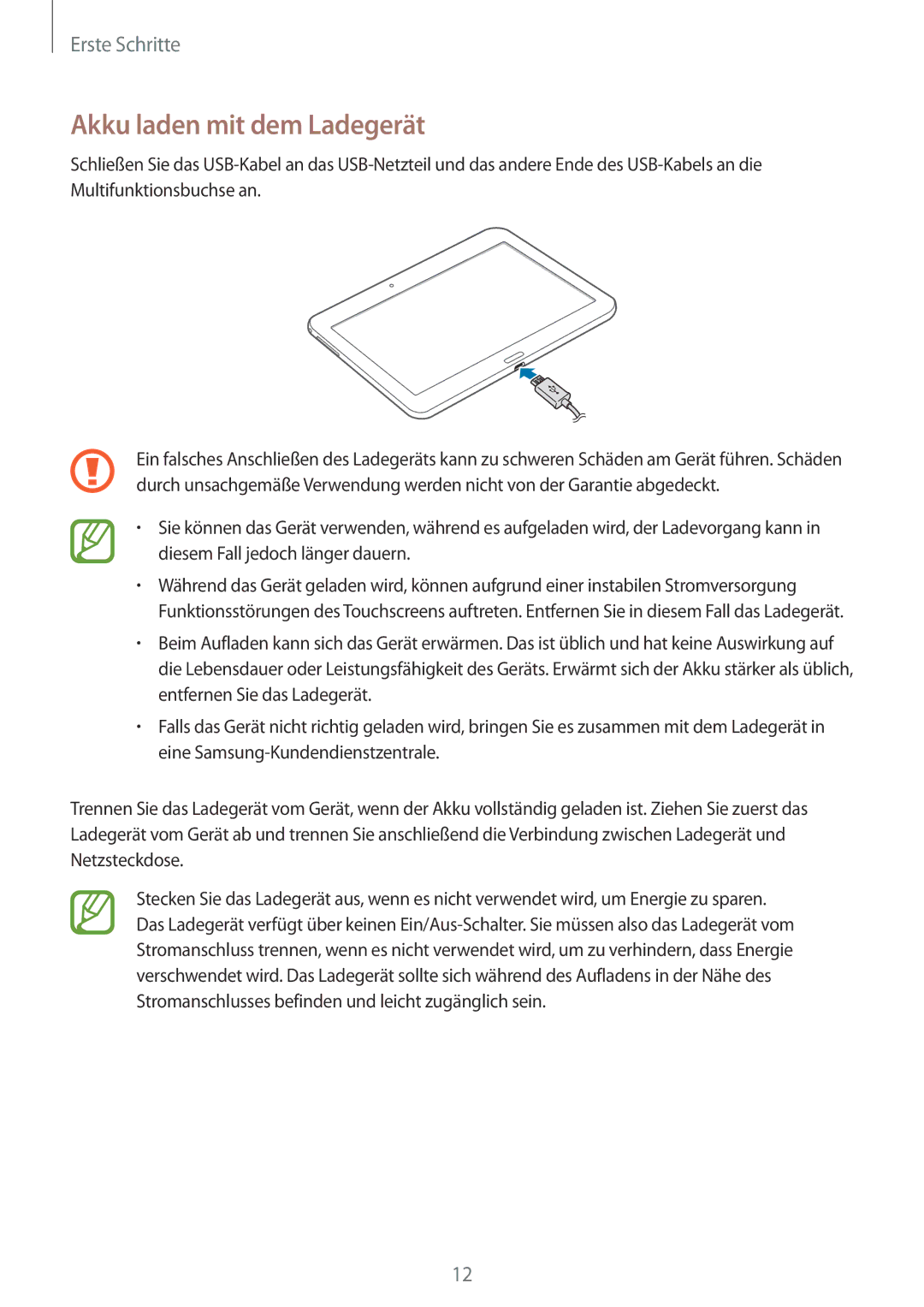 Samsung SM-T535NYKADBT, SM-T535NYKAATO, SM-T535NZWATPH, SM-T535NZWAXEO, SM-T535NYKATPH manual Akku laden mit dem Ladegerät 