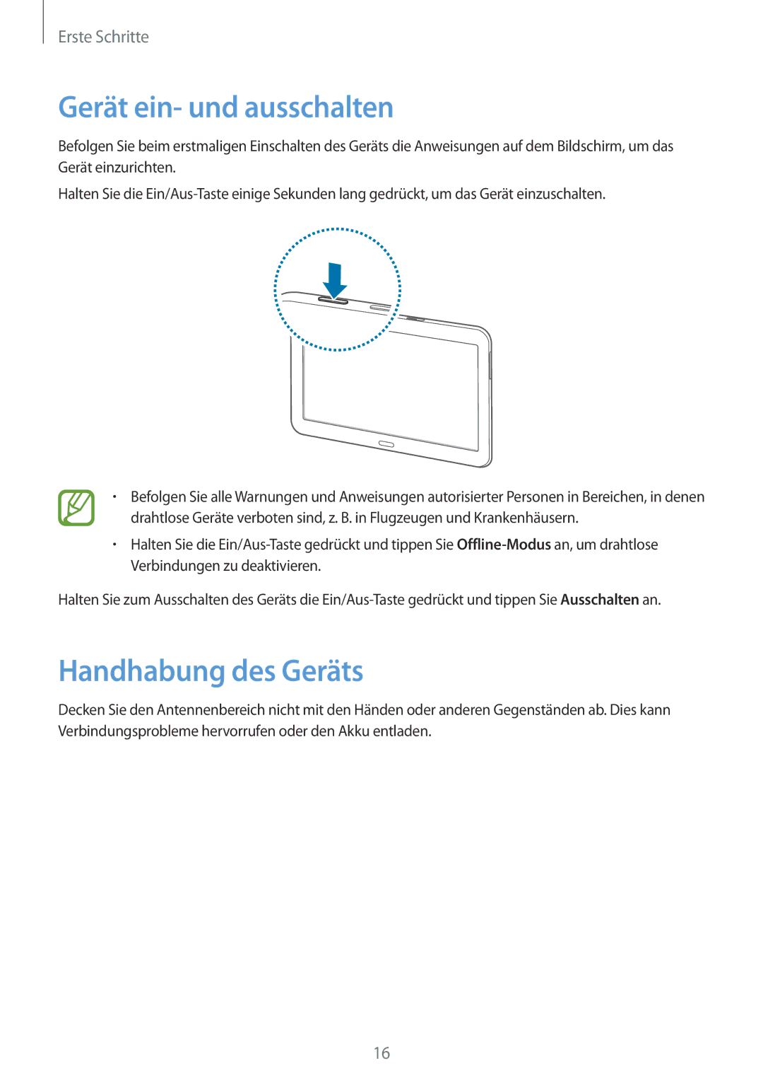 Samsung SM-T535NZWAXEF, SM-T535NYKAATO, SM-T535NZWATPH, SM-T535NZWAXEO Gerät ein- und ausschalten, Handhabung des Geräts 