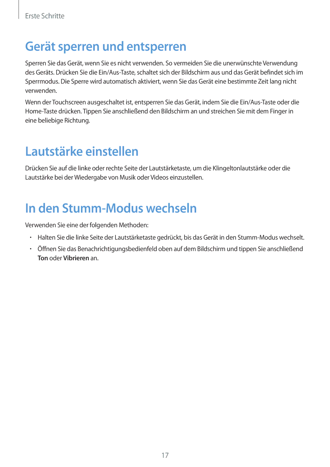 Samsung SM-T535NYKAATO, SM-T535NZWATPH manual Gerät sperren und entsperren, Lautstärke einstellen, Den Stumm-Modus wechseln 