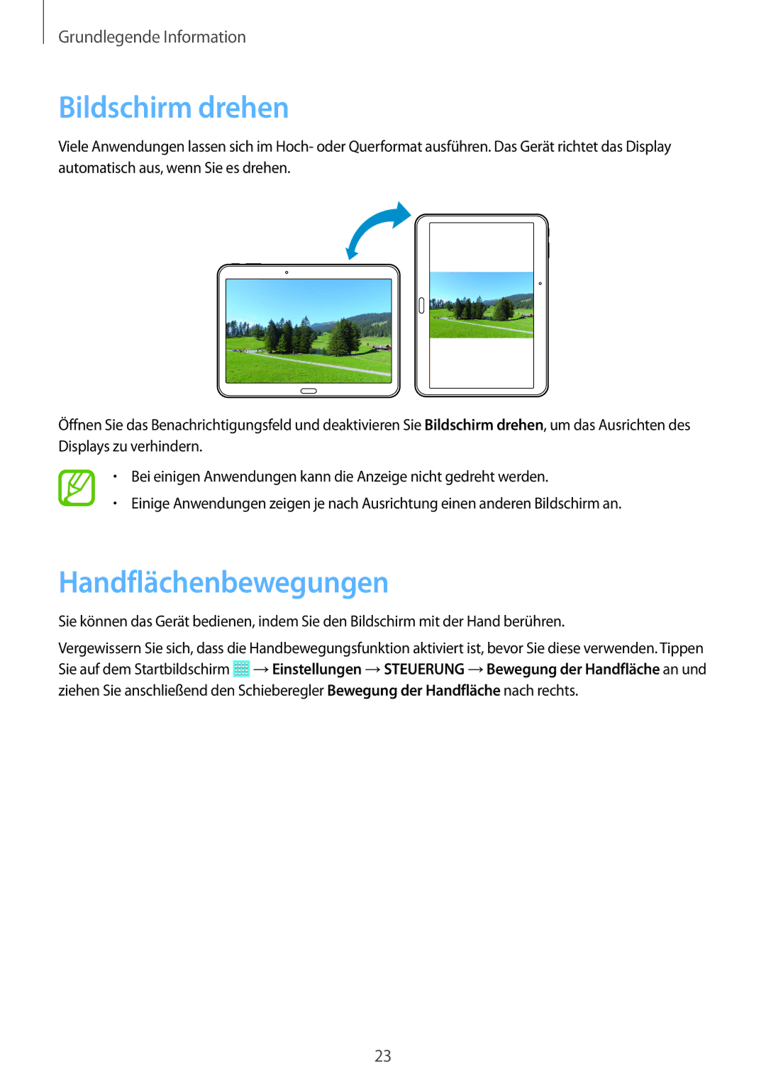 Samsung SM-T535NZWASEB, SM-T535NYKAATO, SM-T535NZWATPH, SM-T535NZWAXEO manual Bildschirm drehen, Handflächenbewegungen 
