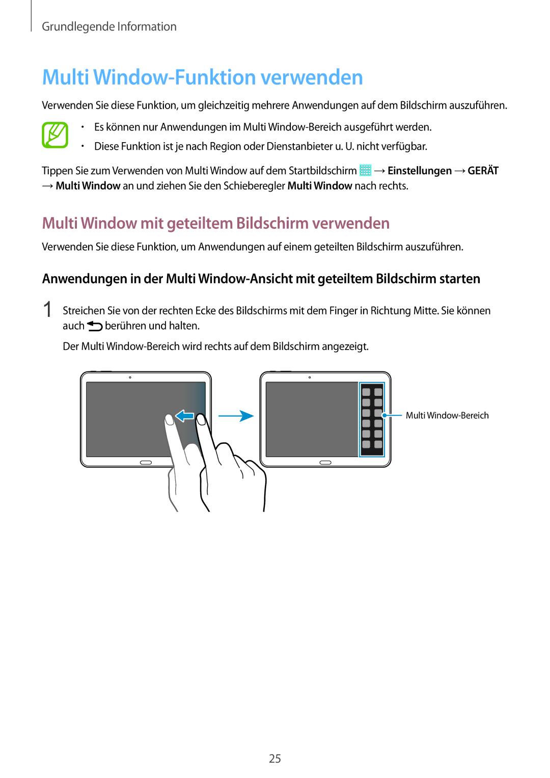 Samsung SM-T535NZWADBT, SM-T535NYKAATO Multi Window-Funktion verwenden, Multi Window mit geteiltem Bildschirm verwenden 