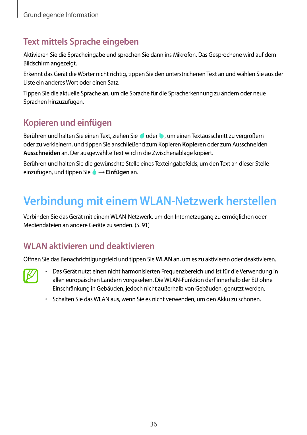 Samsung SM-T535NZWAXEO manual Text mittels Sprache eingeben, Kopieren und einfügen, Wlan aktivieren und deaktivieren 