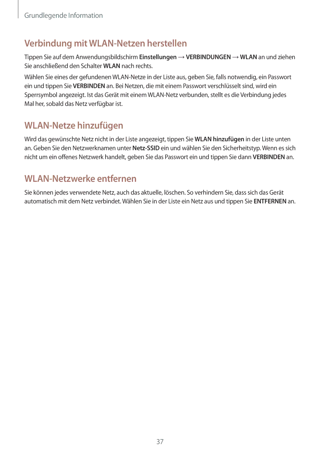 Samsung SM-T535NYKATPH manual Verbindung mit WLAN-Netzen herstellen, WLAN-Netze hinzufügen, WLAN-Netzwerke entfernen 