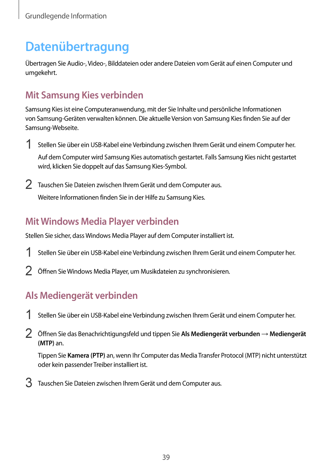 Samsung SM-T535NYKABTU, SM-T535NYKAATO Datenübertragung, Mit Samsung Kies verbinden, Mit Windows Media Player verbinden 