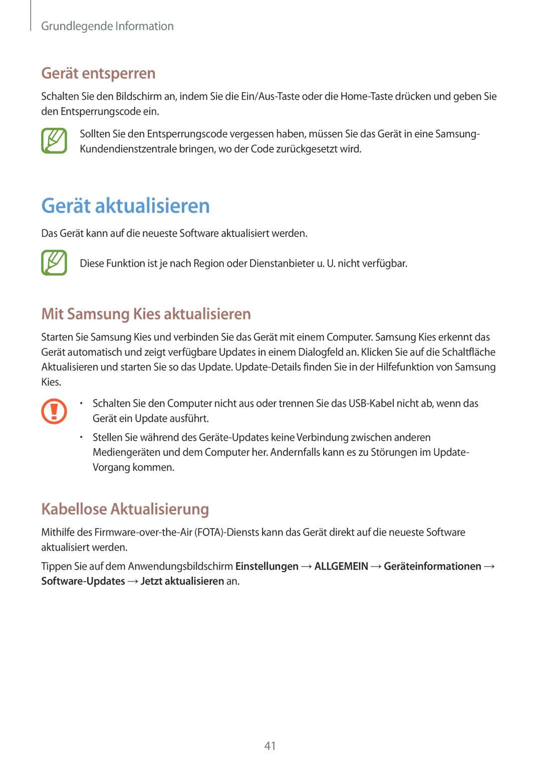 Samsung SM-T535NZWAEUR Gerät aktualisieren, Gerät entsperren, Mit Samsung Kies aktualisieren, Kabellose Aktualisierung 