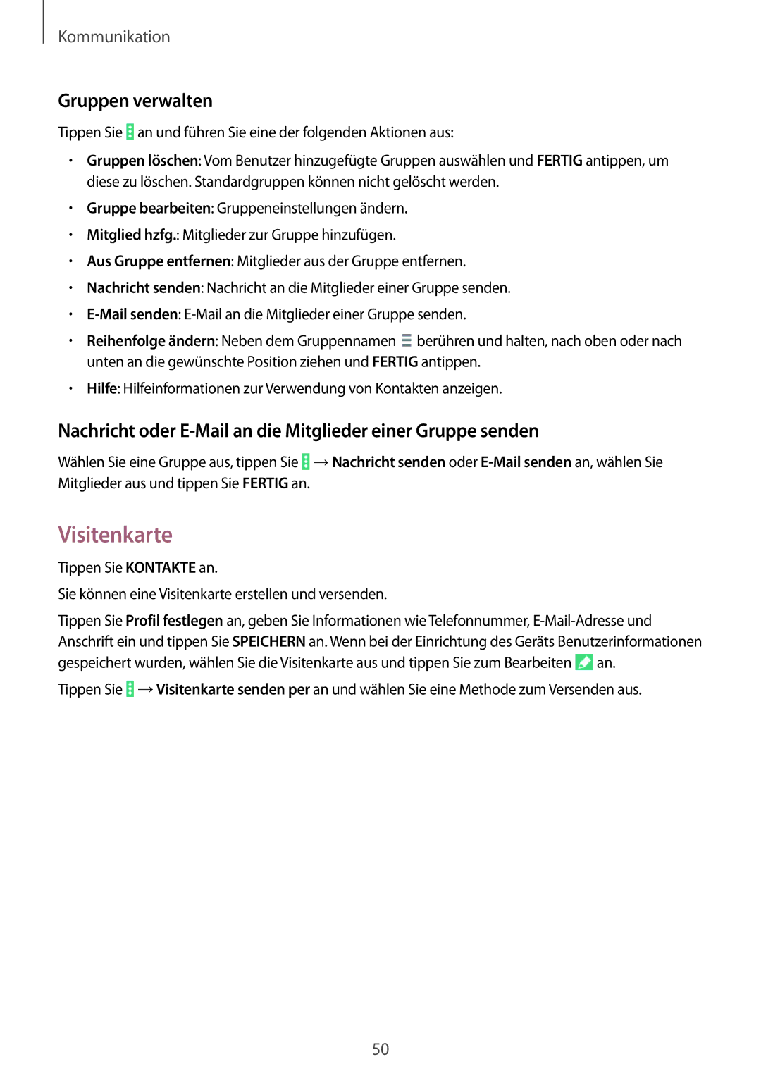 Samsung SM-T535NZWAXEF manual Visitenkarte, Gruppen verwalten, Nachricht oder E-Mail an die Mitglieder einer Gruppe senden 