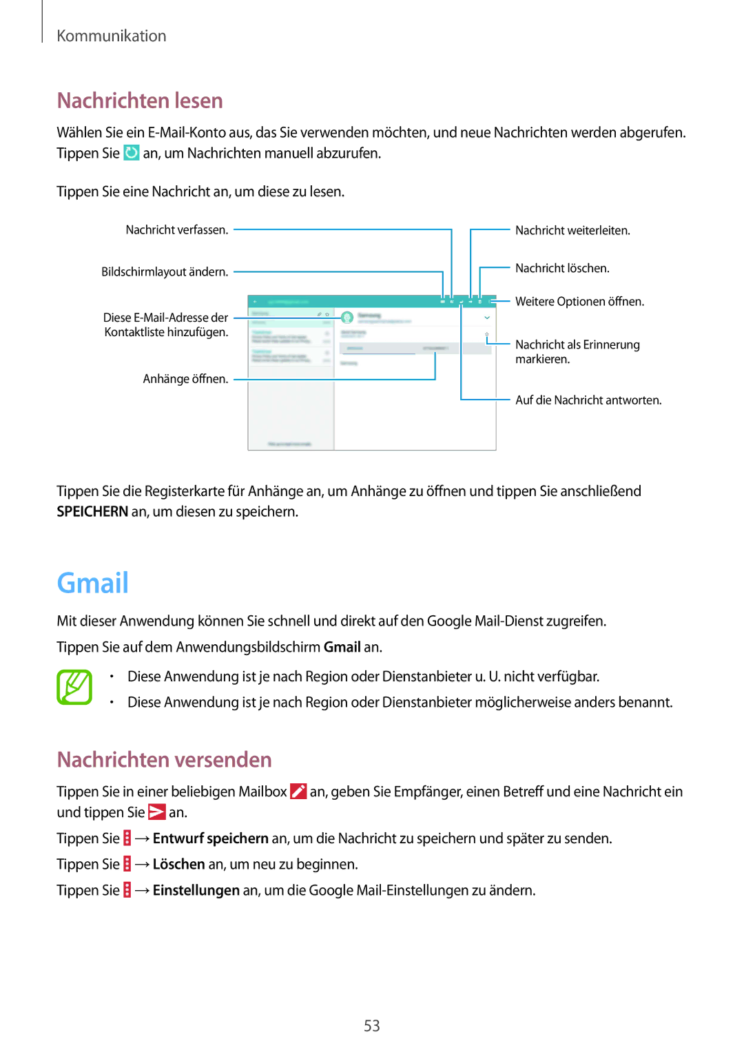 Samsung SM-T535NZWAXEO, SM-T535NYKAATO, SM-T535NZWATPH, SM-T535NYKATPH, SM-T535NYKACOS manual Gmail, Nachrichten lesen 