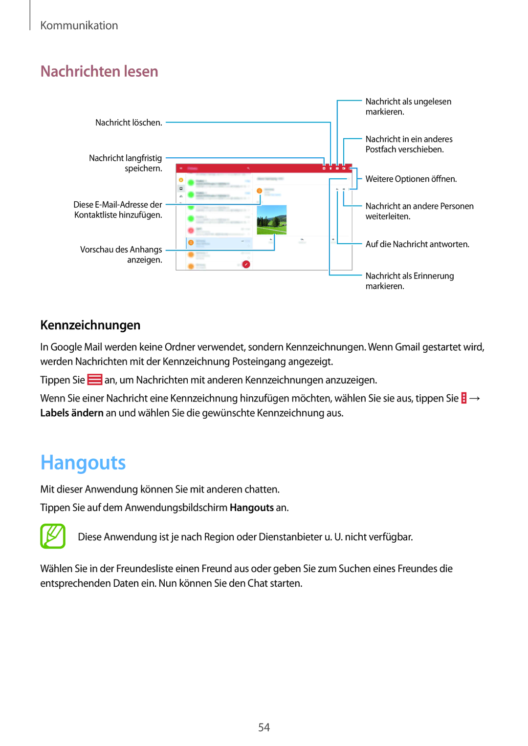 Samsung SM-T535NYKATPH, SM-T535NYKAATO, SM-T535NZWATPH, SM-T535NZWAXEO, SM-T535NYKACOS manual Hangouts, Kennzeichnungen 