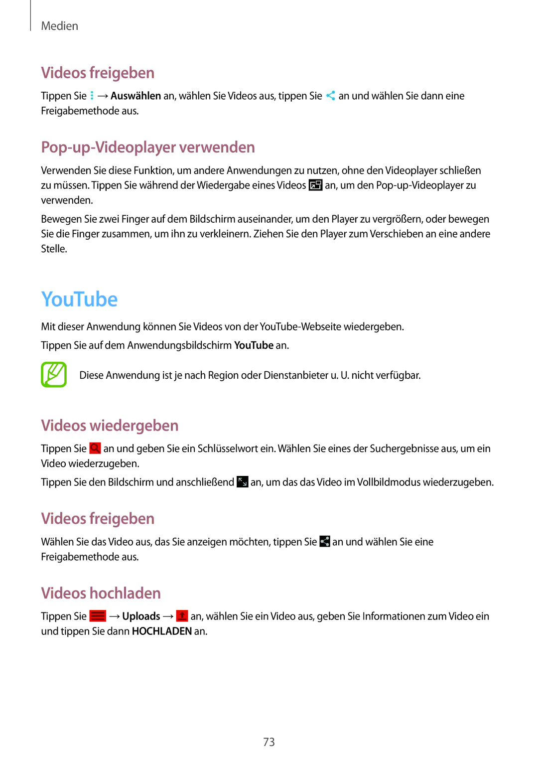 Samsung SM-T535NYKABTU, SM-T535NYKAATO manual YouTube, Videos freigeben, Pop-up-Videoplayer verwenden, Videos hochladen 
