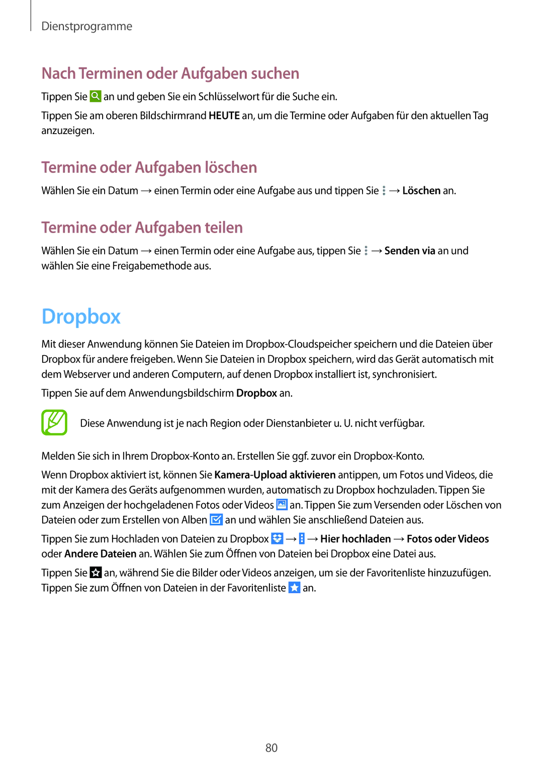 Samsung SM-T535NYKADBT, SM-T535NYKAATO manual Dropbox, Nach Terminen oder Aufgaben suchen, Termine oder Aufgaben löschen 