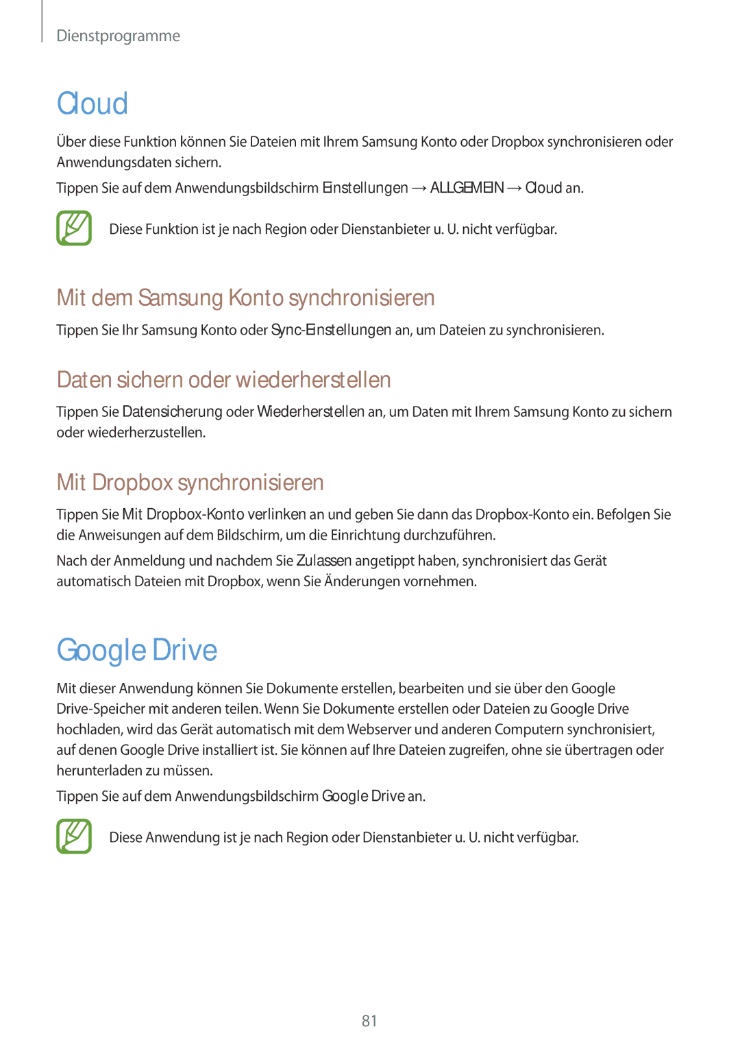 Samsung SM-T535NZWADTM Cloud, Google Drive, Mit dem Samsung Konto synchronisieren, Daten sichern oder wiederherstellen 