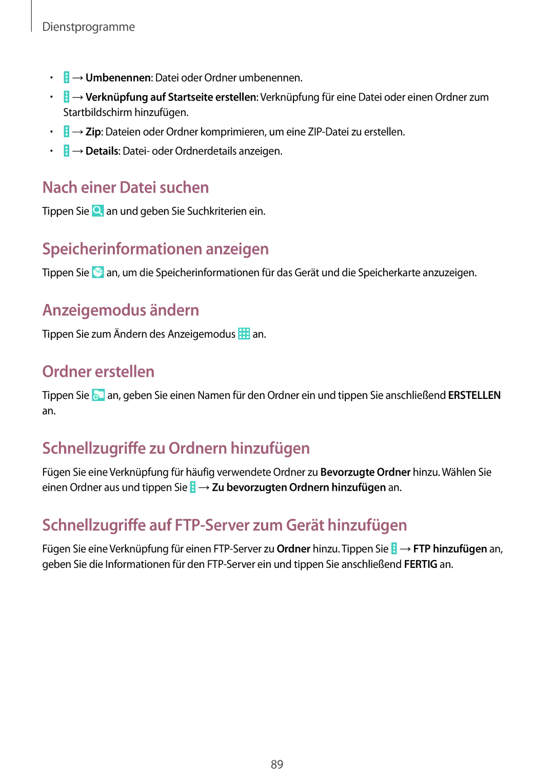 Samsung SM-T535NYKACOS Nach einer Datei suchen, Speicherinformationen anzeigen, Anzeigemodus ändern, Ordner erstellen 